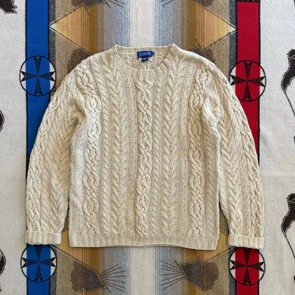 Men’s J. Crew Cable Knit Fisherman Pullover Sweater Size Medium Beige Chunky